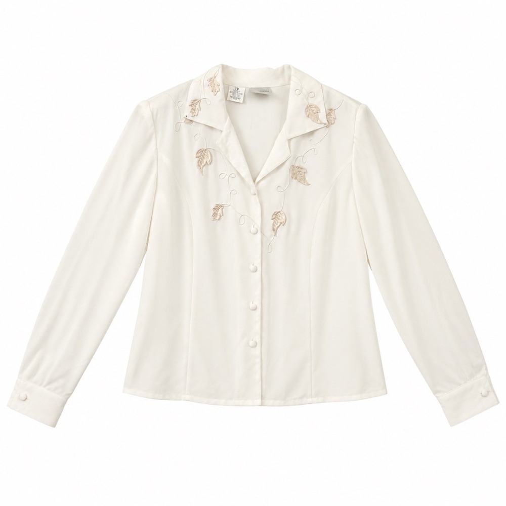 Liz Baker Womens Blouse Ivory‎ Cream Leaf Embroidered Button Up Shirt Size 10